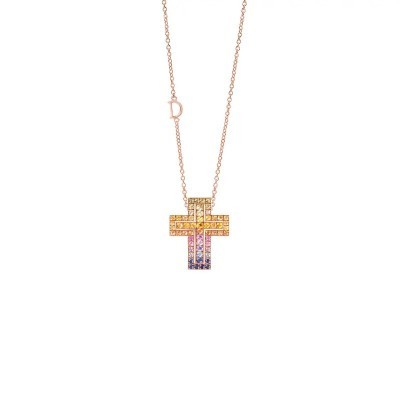 Collana Croce in oro rosa con zaffiri rainbow [715596af]