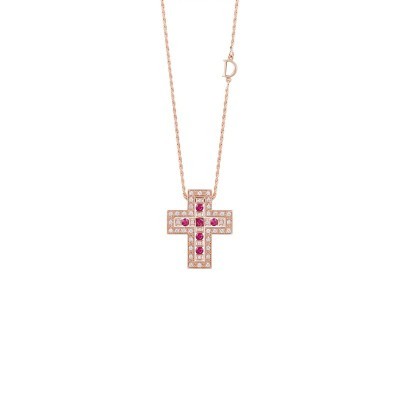 Collana Croce in oro rosa con diamanti e rubini [a24f146c]
