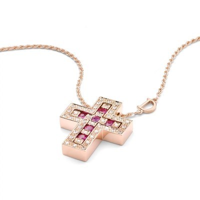 Collana Croce in oro rosa con diamanti e rubini [a24f146c]