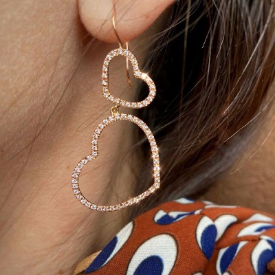 Orecchini pendenti 2 cuori oro 18kt e diamanti [20fdd05d]